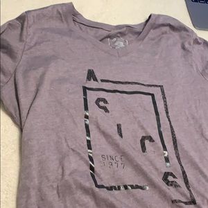 purple asics tee short, vneck